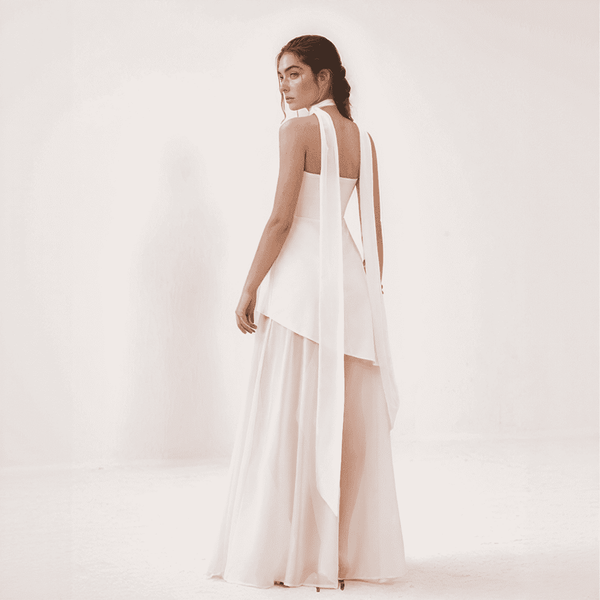 Celesta One-Shoulder Chiffon Gown with Draped Scarf Accent